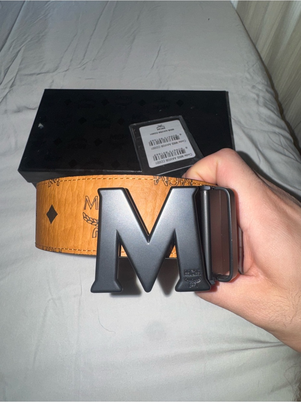 MCM Cognac Logo Leather Belt with Matte Black 'M' Buckle